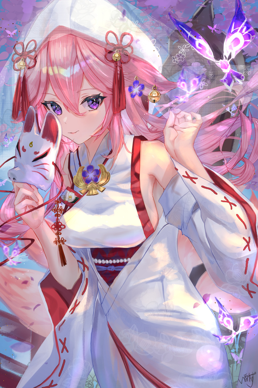 1girl absurdres animal_ears breasts bug butterfly cowboy_shot crystalfly_(genshin_impact) detached_sleeves earrings flower fox_ears fox_mask genshin_impact hair_between_eyes hair_flower hair_ornament highres holding holding_mask isuzu_(an_icy_cat) japanese_clothes jewelry kimono large_breasts long_hair looking_at_viewer mask miko pink_hair signature smile uchikake violet_eyes vision_(genshin_impact) yae_miko