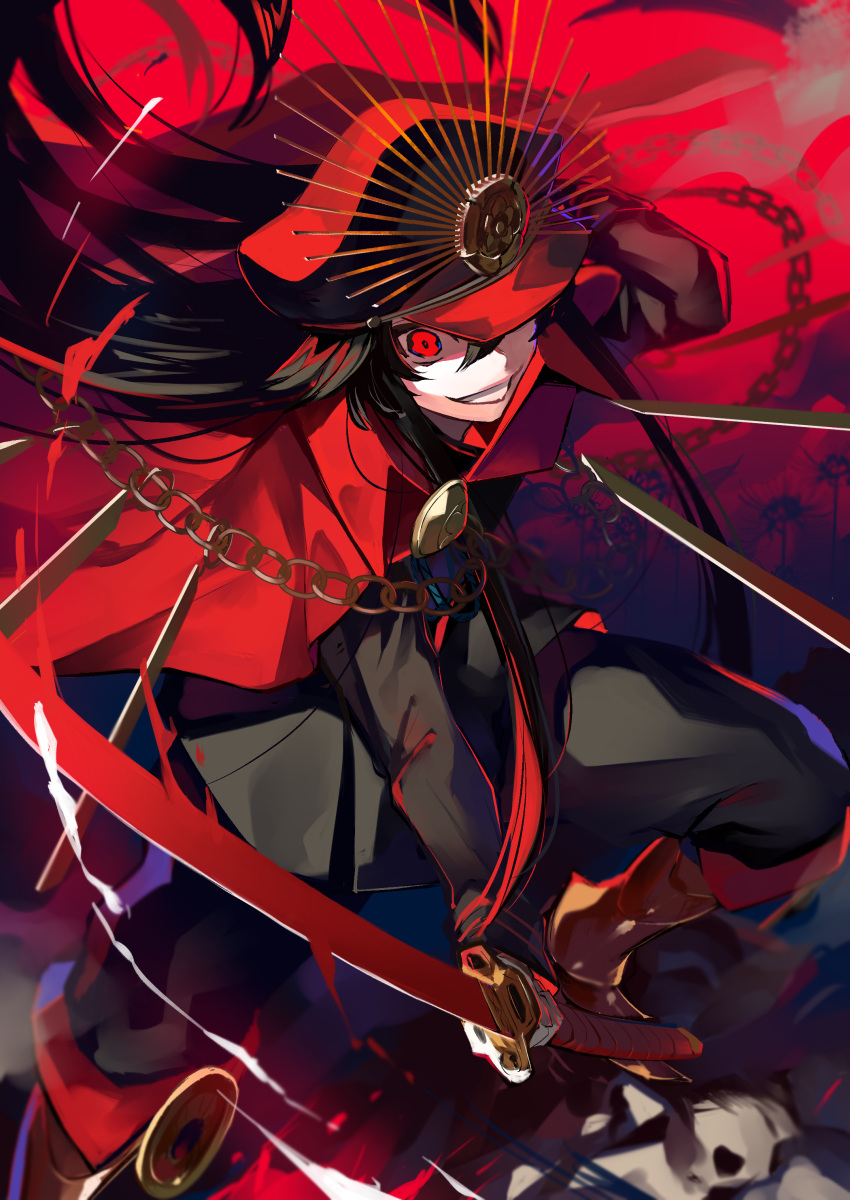 1girl absurdres bangs black_hair cape chain family_crest fate/grand_order fate/type_redline fate_(series) from_above gloves hat highres holding holding_sword holding_weapon kansya katana koha-ace long_hair long_sleeves looking_at_viewer military_hat oda_nobunaga_(fate) oda_nobunaga_(koha-ace) oda_uri one_eye_covered peaked_cap red_cape red_eyes smile smirk solo sword type-moon very_long_hair weapon white_gloves