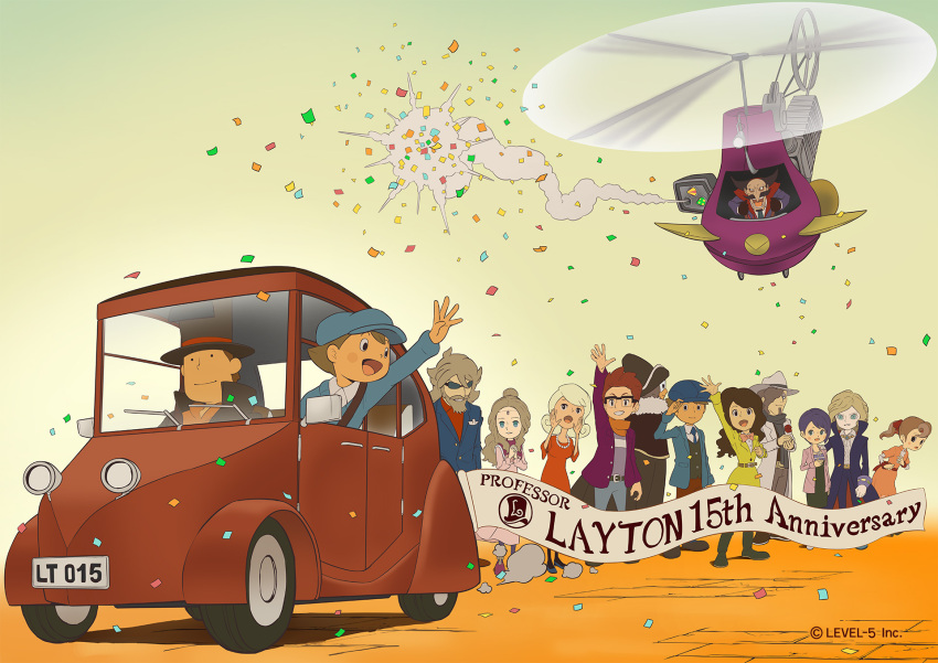 5girls 6+boys adjusting_clothes adjusting_headwear aircraft angela_ledore anniversary anthony_herzen aria_(professor_layton) beard blonde_hair blue_eyes blush_stickers bronev_reinel brown_hair car coat confetti copyright_name don_paolo facial_hair flora_reinhold future_luke glasses gloves goatee grandfather_and_granddaughter ground_vehicle hat helicopter hershel_layton highres jean_descole jewelry katia_anderson level-5 long_hair luke_triton motor_vehicle multiple_boys multiple_girls mustache necklace official_art pearl_necklace ponytail professor_layton purple_hair randall_ascot redhead remi_altava simple_background top_hat waving wheel