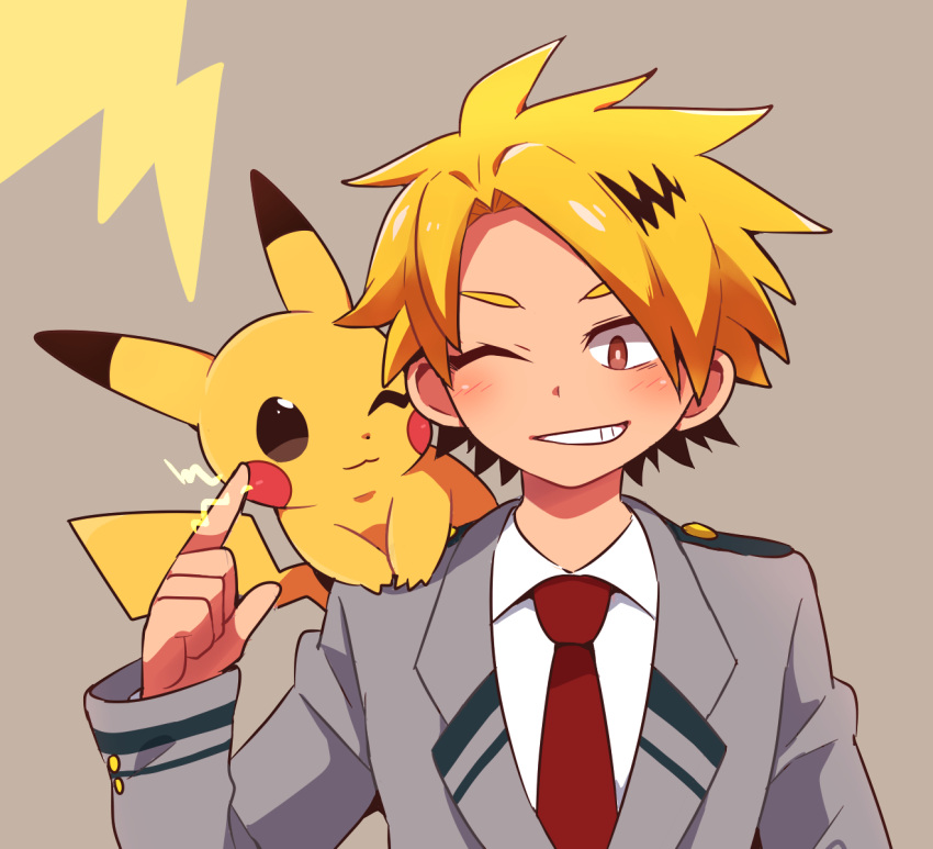 1boy :3 bangs blonde_hair blush blush_stickers boku_no_hero_academia brown_background brown_eyes brown_hair closed_mouth collared_shirt commentary_request crossover electricity eye_contact forehead grey_jacket grin hair_intakes hand_up happy highres index_finger_raised jacket kaminari_denki lightning_bolt_symbol long_sleeves looking_at_another male_focus multicolored_hair necktie on_shoulder one_eye_closed partial_commentary pikachu pokemon pokemon_(creature) pokemon_on_shoulder red_necktie school_uniform shiny shiny_hair shirt short_hair simple_background smile spiky_hair straight-on subaru331 teeth two-tone_hair upper_body white_shirt