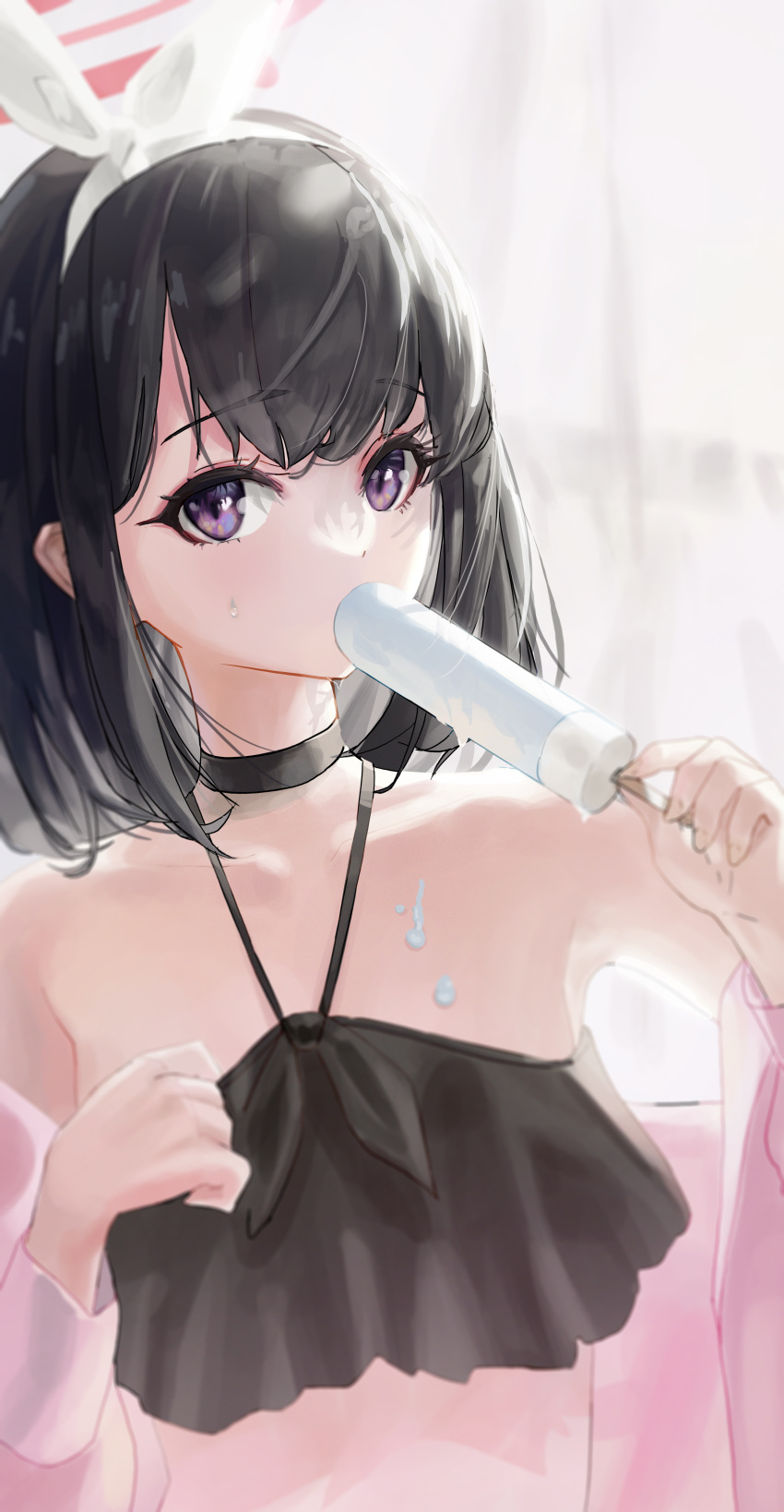 1girl absurdres bangs bikini black_hair blue_archive blurry blurry_background bow bow_hairband covered_mouth depth_of_field eyebrows_visible_through_hair food food_on_body frilled_bikini frills hairband halo highres holding holding_food jacket jacket_over_swimsuit light_blush looking_at_viewer mashiro_(blue_archive) off_shoulder open_clothes open_jacket pink_jacket popsicle serie_niai short_hair solo sweat swimsuit upper_body violet_eyes white_bow white_hairband