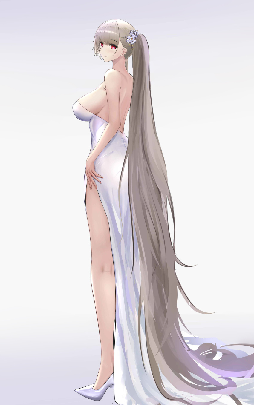 1girl absurdres alternate_costume azur_lane bangs bare_back bare_shoulders breasts closed_mouth dress eyebrows_visible_through_hair flower formidable_(azur_lane) full_body hair_flower hair_ornament high_heels highres large_breasts legs long_hair looking_to_the_side magicc platinum_blonde_hair red_eyes sideboob simple_background solo standing twintails very_long_hair white_dress white_footwear