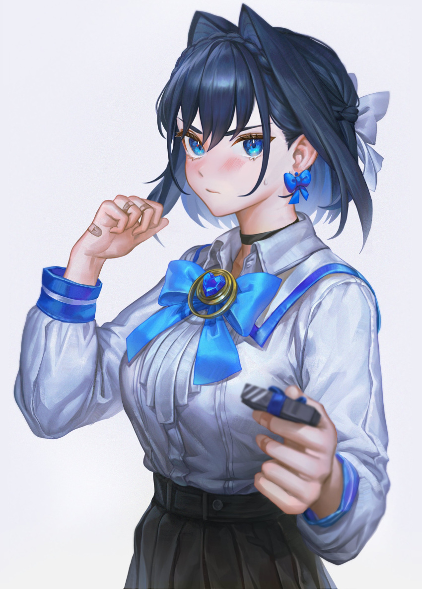 1girl absurdres artofkuzu bandaid blue_eyes blue_hair blush bow bow_earrings bowtie breasts choker earrings english_commentary hair_between_eyes hair_intakes highres holding hololive hololive_english jewelry long_sleeves looking_at_viewer medium_breasts ouro_kronii simple_background solo valentine virtual_youtuber white_background