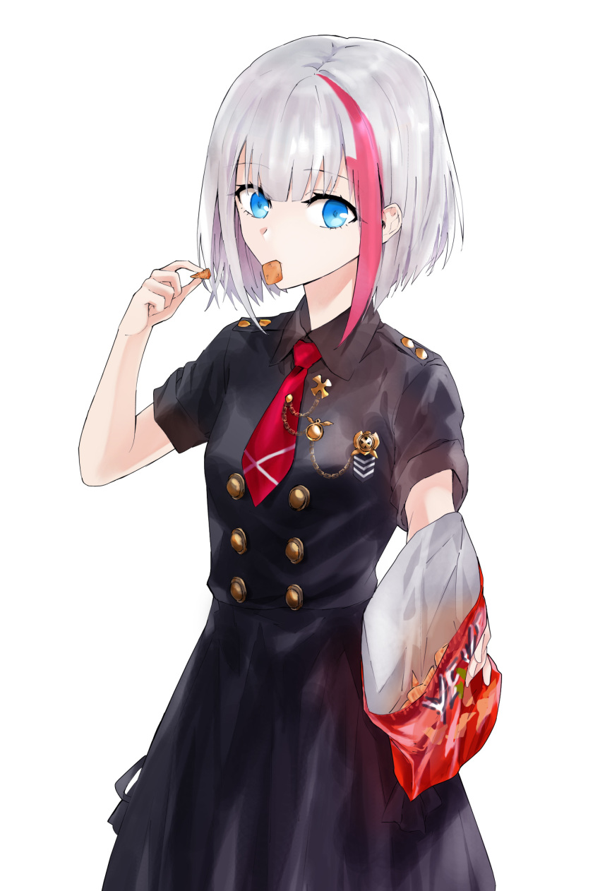 1girl admiral_graf_spee_(azur_lane) admiral_graf_spee_(girl's_sunday)_(azur_lane) azur_lane bangs black_dress blue_eyes chips dress eyebrows_visible_through_hair food highres holding holding_food looking_at_viewer mouth_hold multicolored_hair necktie red_necktie short_hair silver_hair solo standing suprii white_background