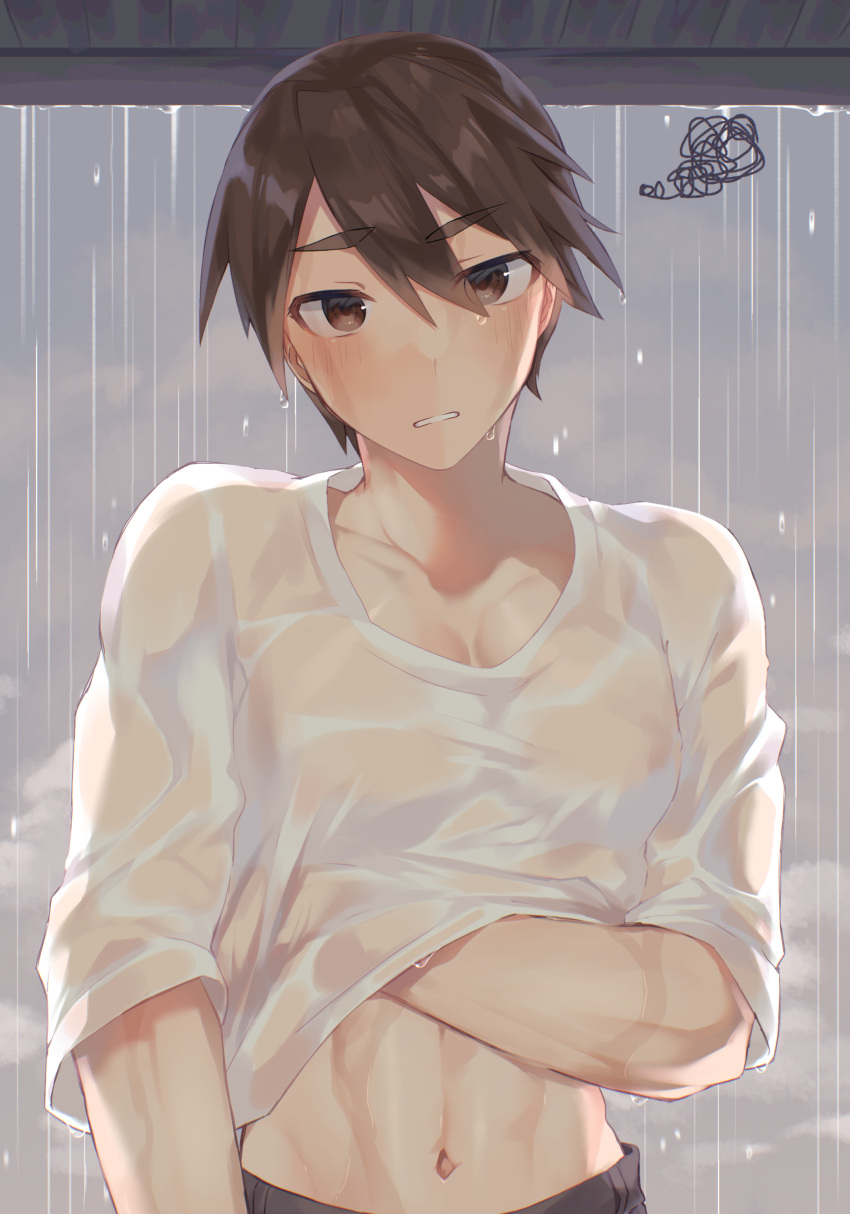 1boy absurdres bangs blush brown_eyes brown_hair clothes_lift collarbone hair_between_eyes hand_under_clothes hand_under_shirt hand_up highres kurobikari lifted_by_self looking_at_viewer male_focus navel original parted_lips pectoral_cleavage pectorals rain see-through shirt shirt_lift short_hair short_sleeves solo squiggle toned toned_male upper_body wet wet_clothes wet_hair wet_shirt white_shirt