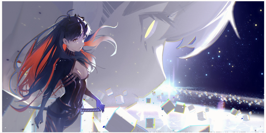 2girls absurdres black_bodysuit black_hair black_ribbon bodysuit fate/grand_order fate_(series) feet_out_of_frame hair_ribbon highres horns ishtar_(fate) jnsi_(xmcz7554) katana long_hair looking_to_the_side multicolored_hair multiple_girls neon_trim redhead ribbon ringed_eyes space_ishtar_(fate) sword two-tone_hair two_side_up type-moon very_long_hair weapon yellow_eyes