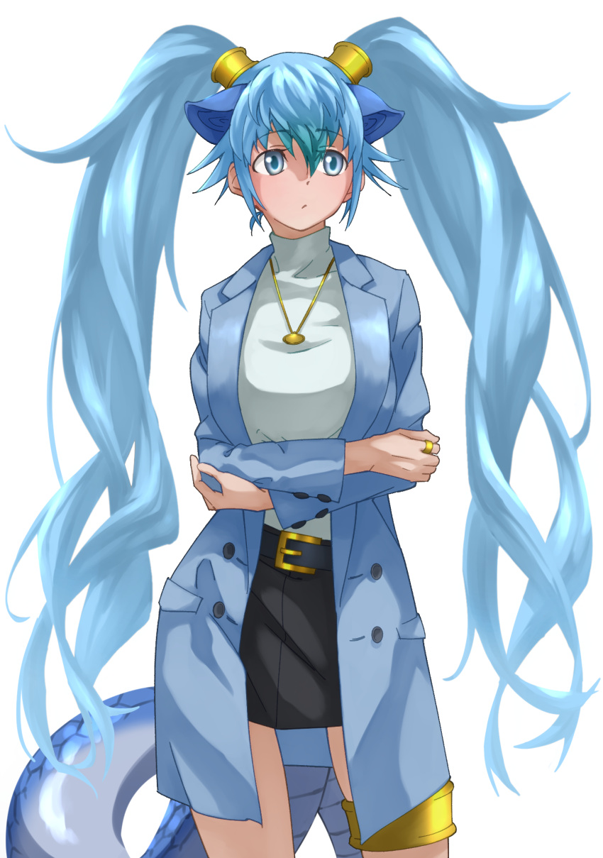 1girl alternate_costume animal_ears arms_under_breasts bangs belt black_skirt blue_eyes blue_hair blue_jacket crossed_arms dragon_tail extra_ears eyebrows_visible_through_hair hair_between_eyes highres jacket jewelry kemono_friends long_hair long_sleeves looking_away necklace ring seiryuu_(kemono_friends) shirt simple_background skirt solo tail tanabe_(fueisei) thighlet turtleneck twintails very_long_hair white_background white_shirt