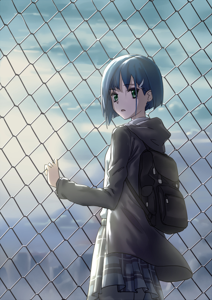 1girl backpack bag bangs black_bag black_hoodie blue_hair blue_skirt breasts chain-link_fence chinese_commentary cowboy_shot darling_in_the_franxx fence green_eyes grey_legwear hair_ornament hairclip hand_on_wall highres hood hood_down hoodie ichigo_(darling_in_the_franxx) looking_back pantyhose parted_lips pleated_skirt school_uniform shirt short_hair skirt small_breasts solo standing white_shirt xsk_(ruanmumu)