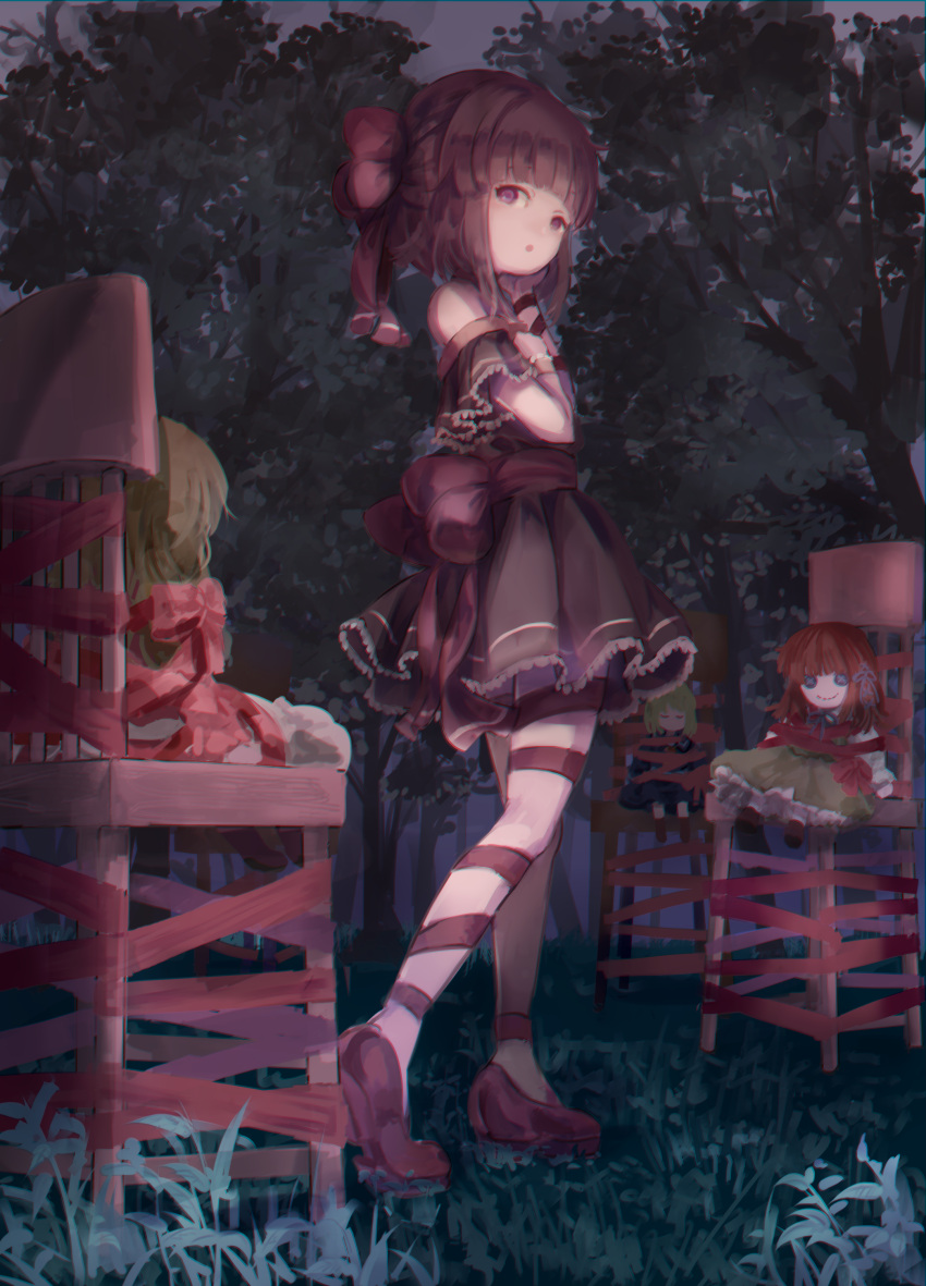 23el_(chocomo_towa) :o absurdres bangs black_dress bound bow brown_hair child choker commission doll dress fallenshadow flat_chest forest frilled_dress frills grass hair_bow hand_on_own_chest hand_on_own_face highres indie_virtual_youtuber loli looking_to_the_side miniskirt nature night night_sky off_shoulder pink_bow pink_eyes platform_footwear pleated_dress ribbon short_hair short_sleeves sidelocks single_wrist_cuff skeb_commission skirt sky standing tied_to_chair tied_up_(nonsexual) tree virtual_youtuber wrist_cuffs