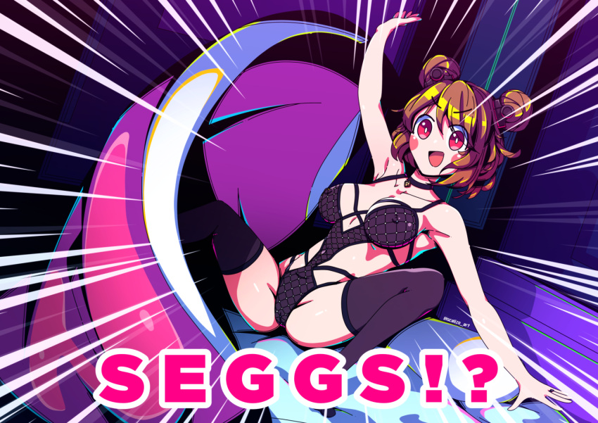 !? 1girl bangs bare_shoulders blanket blush_stickers breasts brown_hair choker collarbone covered_nipples double_bun emphasis_lines english_text eyebrows_visible_through_hair girls_frontline hair_between_eyes jewelry medium_breasts meme p90_(girls'_frontline) red_eyes ring scalizo seggs_(meme) short_hair solo thigh-highs wedding_band