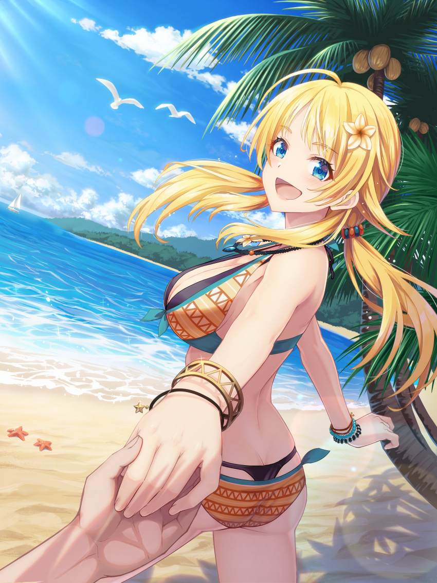 1girl :d absurdres ahoge ass bangs beach bead_bracelet beads bikini blonde_hair blue_eyes blue_sky bracelet breasts clouds commentary_request day eyebrows_visible_through_hair flower hachimiya_meguru hair_flower hair_ornament highres holding_hands idolmaster idolmaster_shiny_colors jewelry large_breasts long_hair looking_at_viewer macha0331 multicolored_bikini multicolored_clothes ocean open_mouth orange_bikini outdoors palm_tree sand sky smile solo_focus swimsuit tree
