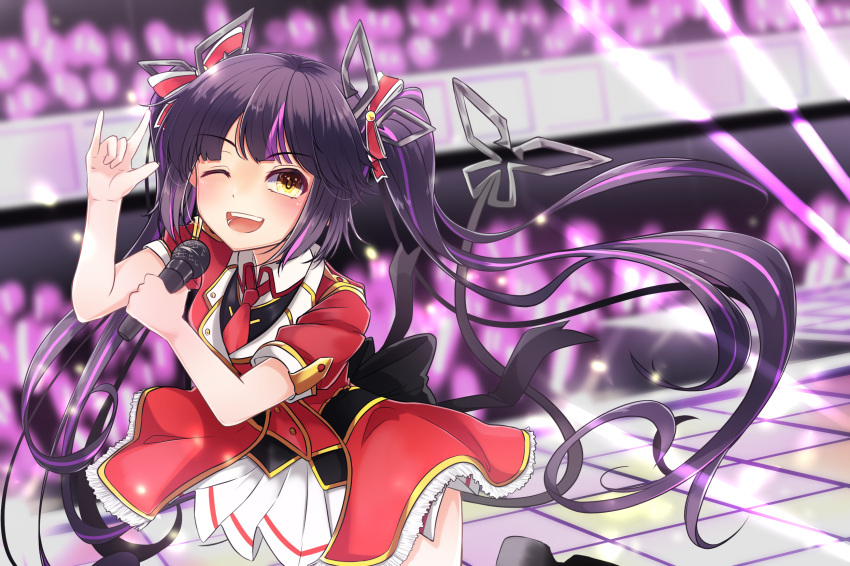 1girl \m/ alternate_costume bangs black_bow black_hair black_vest blunt_bangs blurry blurry_background blush bow breasts coat commentary_request dameyoshi demon_girl demon_horns demon_tail eyebrows_visible_through_hair foot_out_of_frame highres holding holding_microphone horns idol kojo_anna long_hair looking_at_viewer medium_breasts microphone multicolored_hair necktie one_eye_closed open_mouth pleated_skirt pointy_ears purple_hair red_coat red_necktie shirt short_sleeves skirt smile solo stage sugar_lyric tail teeth twintails two-tone_hair upper_teeth vest virtual_youtuber white_shirt white_skirt yellow_eyes