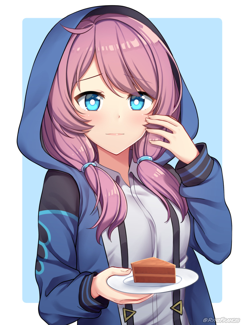 1girl arknights blue_eyes blue_hoodie blue_poison_(arknights) blush cake chocolate_cake closed_mouth collared_shirt eyebrows_visible_through_hair food highres holding holding_plate hood hood_up hoodie lips long_sleeves looking_at_viewer low_twintails medium_hair pink_hair plate rynzfrancis shirt smile solo twintails upper_body white_shirt