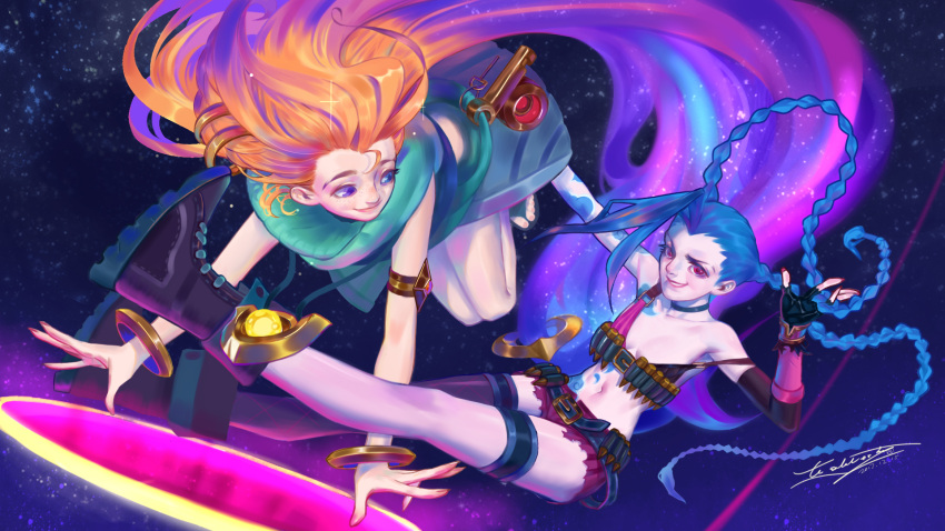 2girls absurdly_long_hair arm_tattoo armlet arms_up belt black_gloves blue_choker blue_eyes blue_hair boots bracelet choker closed_mouth collarbone dated elbow_gloves fingerless_gloves fingernails fishnet_legwear fishnets gloves heterochromia highres jewelry jinx_(league_of_legends) key league_of_legends long_fingernails long_hair looking_at_another looking_at_viewer multicolored_hair multiple_girls nail_polish navel necklace orange_hair parted_lips portal_(object) portrait_(object) purple_hair purple_nails shell_casing signature single_thighhigh skindentation smile space sparkle star_(sky) stomach_tattoo striped tattoo teeth thigh-highs tizibade toeless_footwear toenail_polish toenails torn torn_clothes torn_gloves twintails very_long_hair violet_eyes zoe_(league_of_legends)
