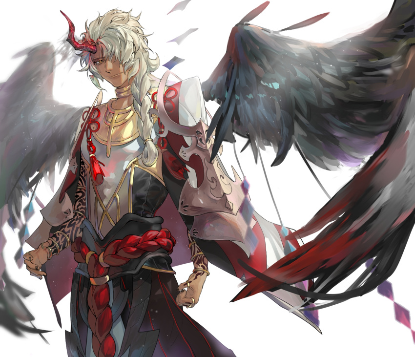 1boy 45662312 arm_tattoo bangs black_wings braid dark-skinned_male dark_skin demon demon_boy demon_horns fate/grand_order fate_(series) feathered_wings feathers feet_out_of_frame highres horns jewelry light_particles light_smile long_hair looking_at_viewer male_focus multiple_rings red_horns ring simple_background single_horn smile solo solomon_(fate) tattoo type-moon very_long_hair white_background white_hair wings yellow_eyes