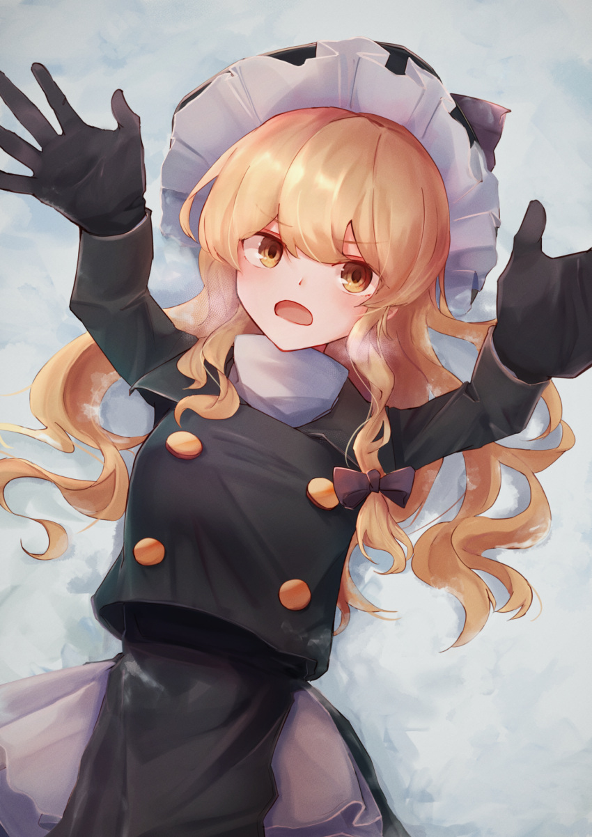 1girl arms_up bangs black_gloves black_headwear blonde_hair blush bow braid breasts breath buttons double-breasted frills gloves hair_ribbon hat hat_bow hat_ribbon highres kirisame_marisa long_hair long_sleeves looking_at_viewer lying medium_breasts on_back open_mouth purple_bow purple_ribbon ribbon single_braid solo taguno touhou tress_ribbon turtleneck witch_hat