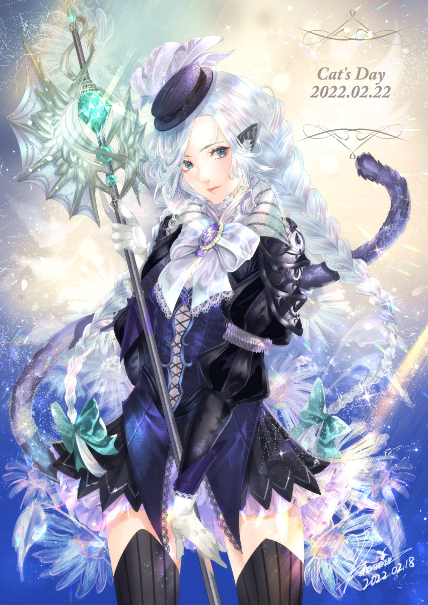 1girl animal_ears banamons black_dress black_headwear black_legwear bow braid brooch cat_day cat_ears cat_tail dated dress gloves green_bow hair_bow hat hat_feather highres holding holding_staff jewelry looking_at_viewer original personification staff tail thigh-highs twin_braids twintails white_bow white_gloves white_hair