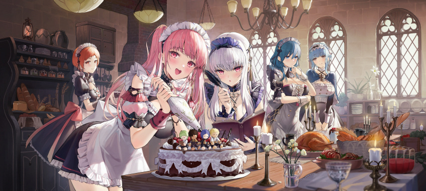 5girls :d absurdres alternate_costume apron baguette bangs black_dress blue_eyes blue_hair book bread breasts brown_eyes byleth_(fire_emblem) byleth_eisner_(female) cake candle candlestand center_frills character_request commentary_request detached_sleeves dress enmaided eyebrows_visible_through_hair fire fire_emblem fire_emblem:_three_houses flower food frilled_apron frilled_dress frills hair_between_eyes highres hilda_valentine_goneril holding holding_book indoors leaning_forward leonie_pinelli long_hair looking_at_viewer lysithea_von_ordelia maid maid_headdress marianne_von_edmund medium_breasts mo_xiaoxue multiple_girls one_side_up open_book orange_eyes orange_hair pastry_bag pink_hair pink_sleeves pleated_dress puffy_short_sleeves puffy_sleeves quill red_eyes short_sleeves silver_hair sleeveless sleeveless_dress smile turkey_(food) very_long_hair white_apron white_flower window