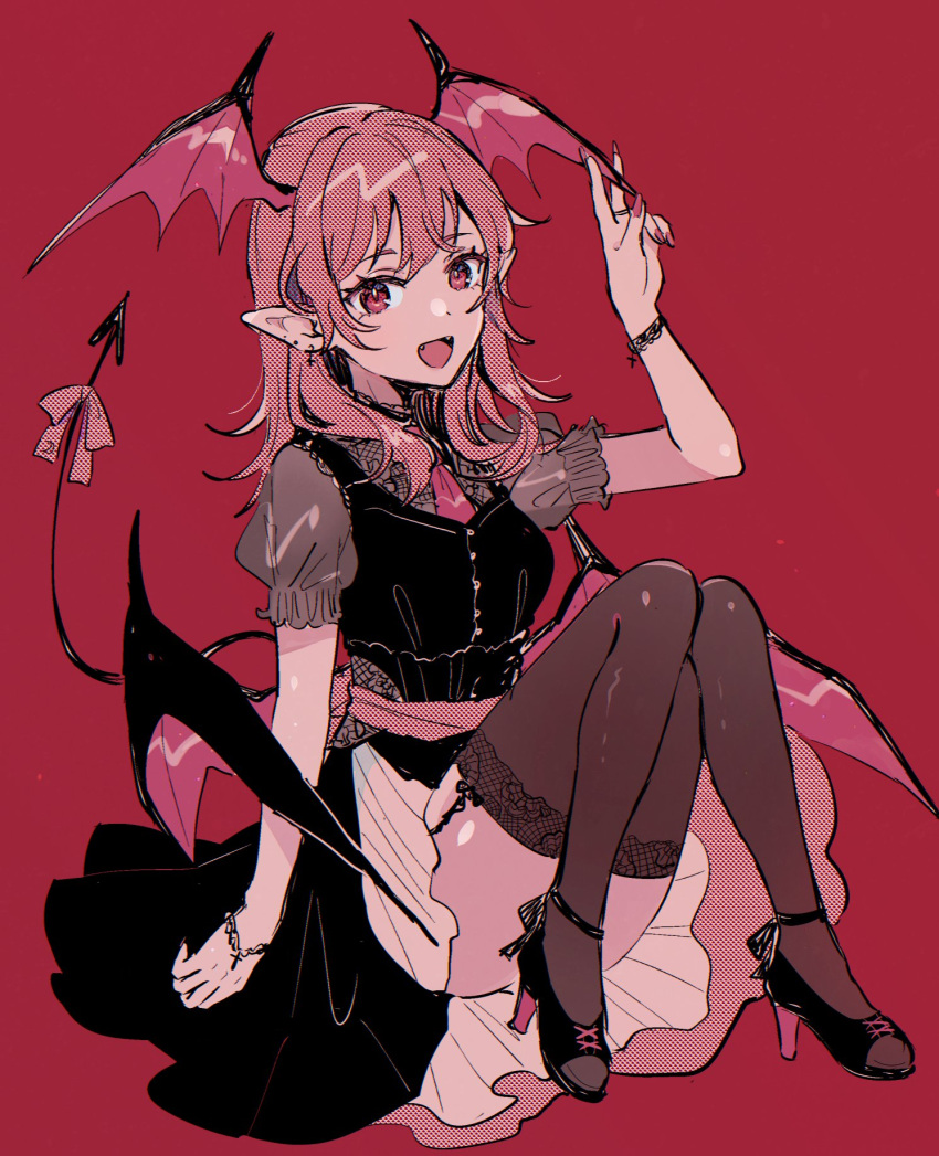 1girl :d arm_up bangs bat_wings black_legwear black_vest bright_pupils demon_tail earrings eyebrows_behind_hair fangs full_body garter_straps hair_between_eyes hand_up head_wings high_heels highres jewelry koakuma long_hair looking_at_viewer monochrome mozukuzu_(manukedori) necktie open_mouth puffy_short_sleeves puffy_sleeves red_background red_eyes red_necktie redhead short_sleeves simple_background sitting smile solo tail thigh-highs touhou v vest white_pupils wings