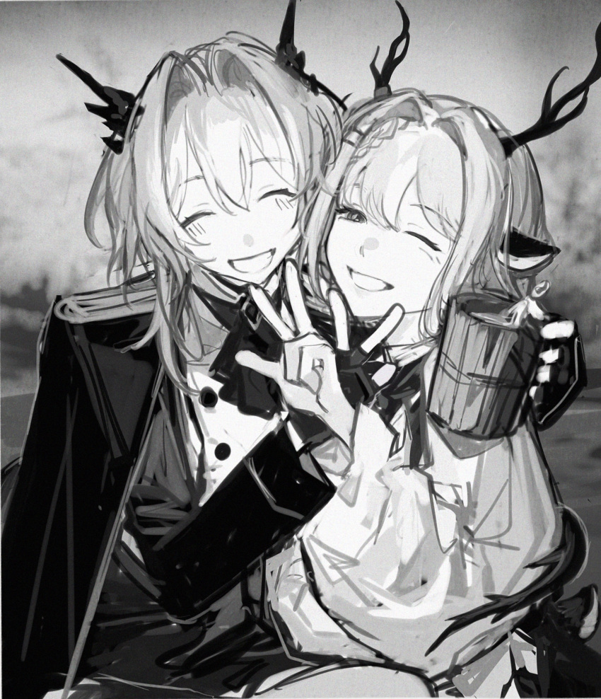 2girls ^_^ absurdres alina_(arknights) animal_ears arknights ascot buttons closed_eyes cup deer_antlers deer_ears deer_girl deer_tail dragon_girl dragon_horns dragon_tail eyebrows_visible_through_hair fingerless_gloves gloves greyscale hair_between_eyes hair_intakes highres holding holding_cup horns long_hair monochrome multiple_girls open_mouth supercalifraglistcexpialidocio tail tail_wrap talulah_(arknights) talulah_the_fighter_(arknights) upper_body w yuri