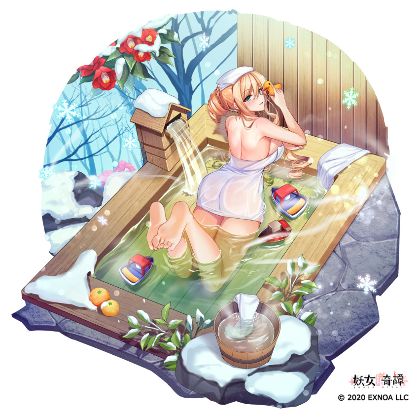 1girl ass blonde_hair blush breasts bucket character_request drill_hair food from_behind fruit green_eyes hair_between_eyes highres large_breasts looking_at_viewer looking_back maett mahoroba_youjo_kitan naked_towel official_art onsen parted_lips partially_submerged rubber_duck see-through_silhouette smile snow solo towel toy_boat yuzu_(fruit)