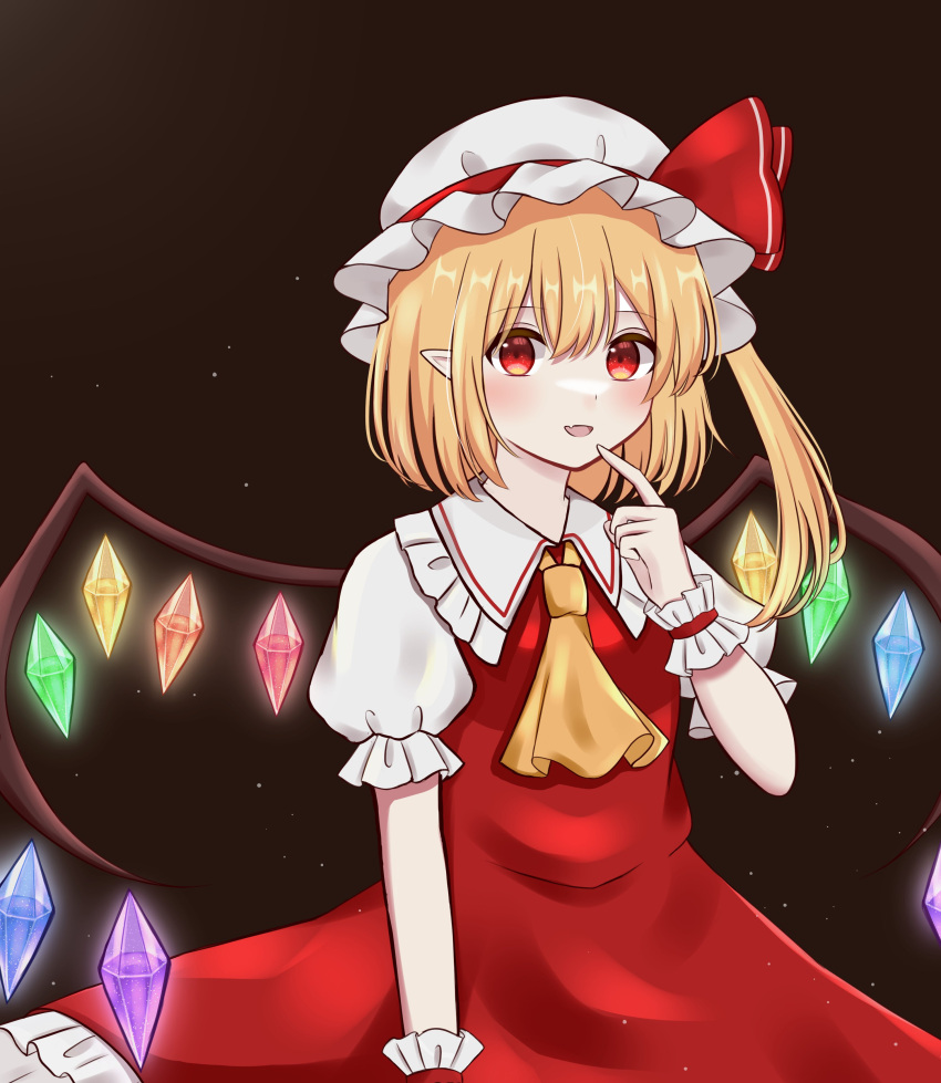 1girl absurdres ascot bangs blonde_hair blush brown_background collared_shirt crystal dress eyebrows_visible_through_hair eyes_visible_through_hair fang flandre_scarlet frilled_shirt_collar frills hair_between_eyes hand_up hat hat_ribbon highres jewelry looking_at_viewer mob_cap multicolored_wings one_side_up open_mouth piyoru_nico pointy_ears puffy_short_sleeves puffy_sleeves red_dress red_eyes red_ribbon ribbon shirt short_hair short_sleeves simple_background smile solo standing tongue touhou white_headwear white_shirt wings wrist_cuffs yellow_ascot