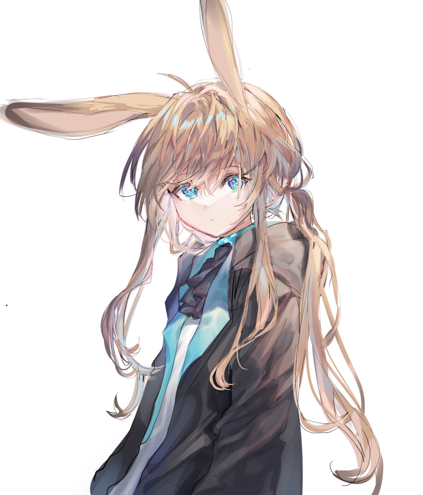 1girl 414_(hncx3355) amiya_(arknights) animal_ears arknights ascot bangs black_ascot black_coat blue_eyes brown_hair closed_mouth coat commentary_request eyebrows_visible_through_hair highres korean_commentary long_hair looking_at_viewer low_ponytail messy_hair open_clothes open_coat rabbit_ears shirt sidelocks solo upper_body very_long_hair white_shirt