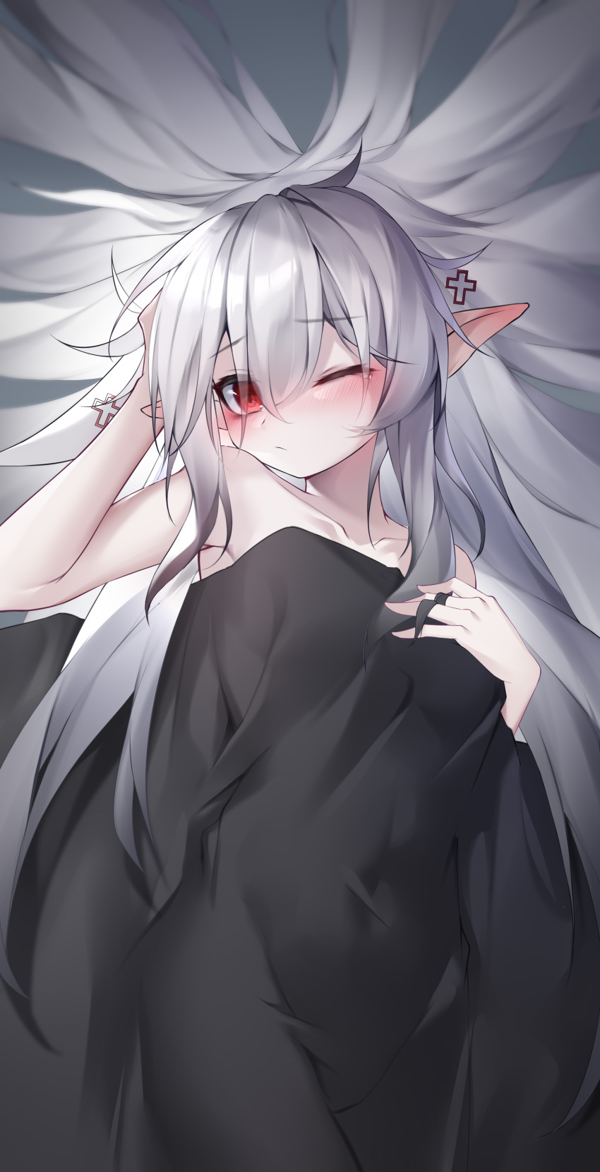 1girl ;/ absurdres arknights arm_up armpits bangs blanket blush breasts chinese_commentary closed_mouth collarbone commentary_request covered_navel cowboy_shot ear_blush eyebrows_visible_through_hair from_above hand_in_hair hand_on_own_chest highres long_hair looking_at_viewer lying medium_breasts nude on_back pointy_ears qinshi-ji red_eyes silver_hair solo under_covers very_long_hair warfarin_(arknights)