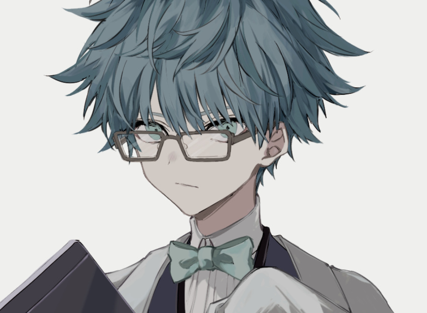 1boy bangs black-framed_eyewear blue_eyes blue_hair bow bowtie child face fate/extra fate/extra_ccc fate/grand_order fate_(series) glasses hans_christian_andersen_(fate) looking_at_viewer male_focus nozz177 shirt short_hair smile type-moon vest