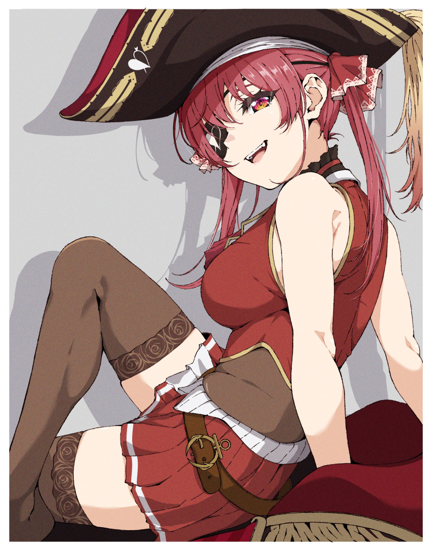 1girl absurdres bangs bare_shoulders black_eyepatch breasts crossed_legs eyepatch hair_ribbon hat highres hololive houshou_marine large_breasts leotard leotard_under_clothes open_mouth oshimaidebu pirate pirate_hat red_eyes redhead ribbon see-through_leotard sideboob sitting solo thigh-highs twintails virtual_youtuber