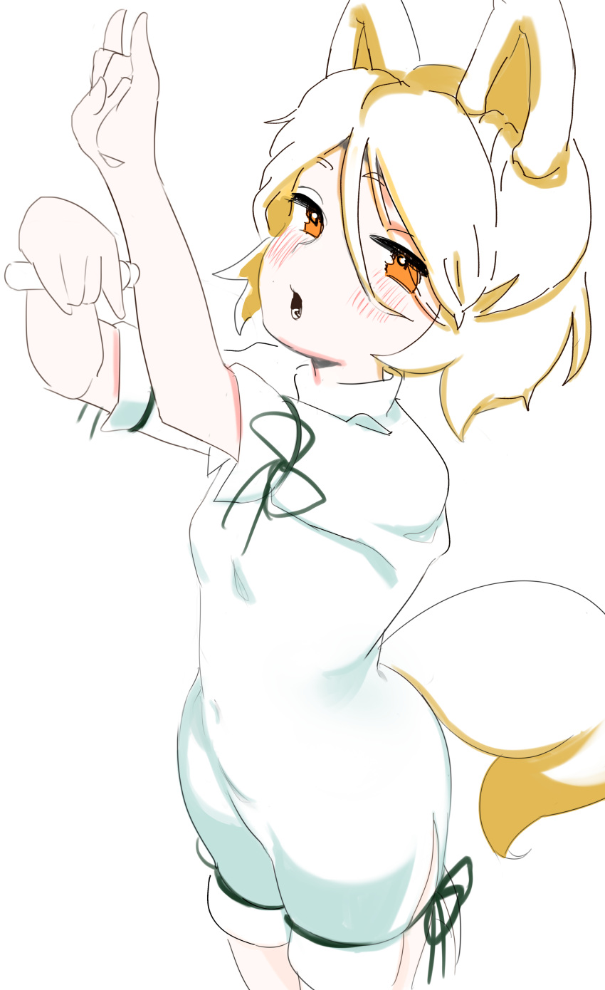 absurdres animal_ears blonde_hair blush breasts cork corked_bottle feet_out_of_frame fox_ears fox_girl fox_shadow_puppet fox_tail green_ribbon highres kudamaki_tsukasa looking_at_viewer navel orange_eyes ribbon romper serakawa short_hair small_breasts tail test_tube touhou white_background white_romper