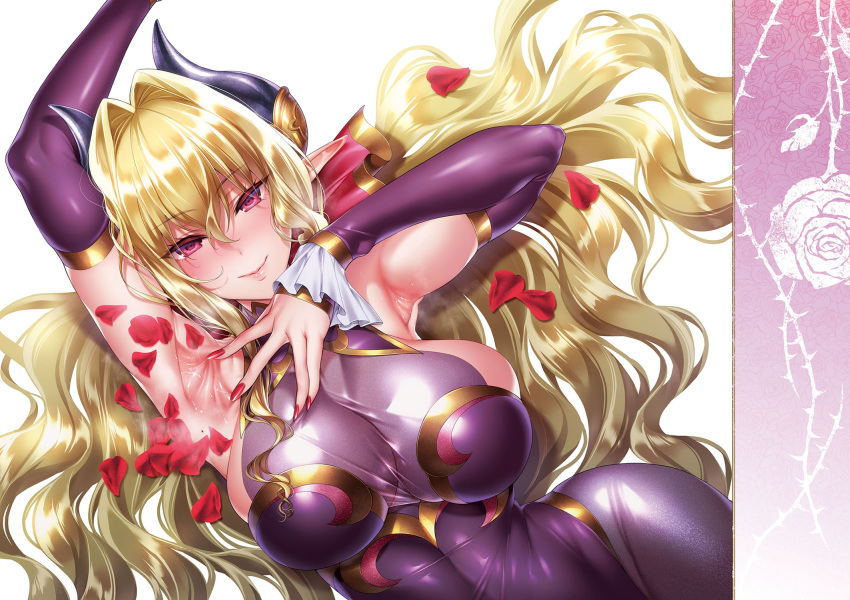 1girl armpits blush breasts closed_mouth detached_sleeves dress fingernails hair_between_eyes hair_intakes hair_spread_out hands_up highres hizuki_akira horn_ornament horns large_breasts long_hair looking_at_viewer nail_polish original pantyhose pink_eyes pointy_ears presenting_armpit purple_dress purple_legwear red_nails simple_background skin_tight smile solo spread_armpit stitched sweat white_background