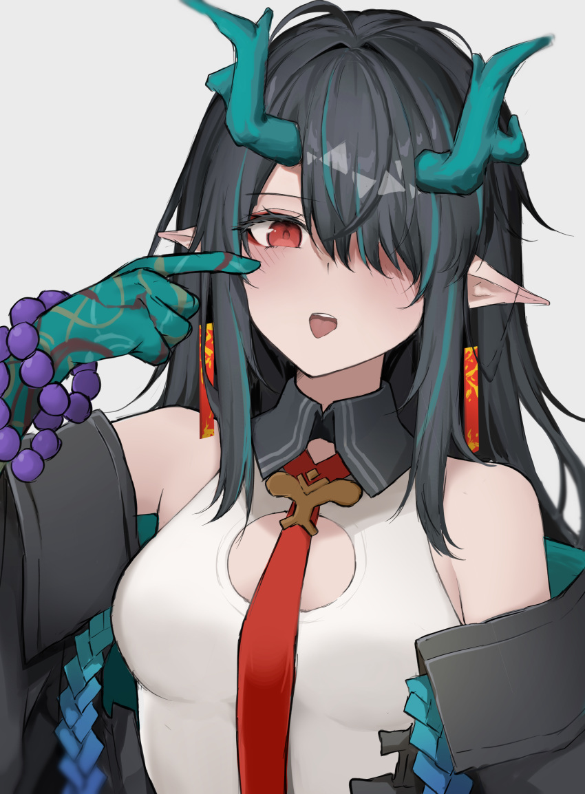 1girl absurdres arknights arm_tattoo bead_bracelet beads black_collar black_hair black_jacket bracelet breasts china_dress chinese_clothes cleavage_cutout clothing_cutout collar colored_skin dragon_horns dress dusk_(arknights) ear_piercing finger_to_eye green_hair green_skin grey_background hair_over_one_eye highres horns hyakutarou_(momotar0_4) jacket jewelry long_hair looking_at_viewer multicolored_hair necktie off_shoulder open_mouth piercing pointy_ears red_eyes red_necktie sidelocks simple_background sleeveless sleeveless_dress small_breasts solo streaked_hair tattoo tongue tongue_out upper_body white_dress
