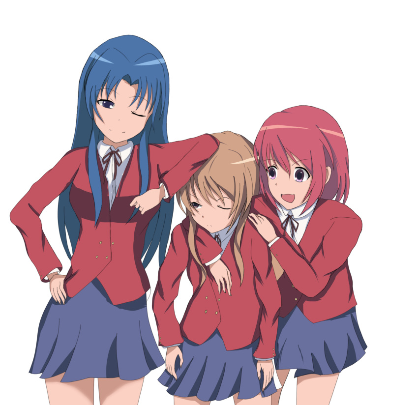 3girls aisaka_taiga artist_request blazer blue_eyes blue_hair blue_skirt brown_eyes brown_hair buttons closed_mouth collared_shirt commentary_request double-breasted elbow_on_another's_head highres hug jacket kawashima_ami kushieda_minori long_hair long_sleeves looking_at_another medium_hair multiple_girls neck_ribbon one_eye_closed oohashi_high_school_uniform open_mouth red_jacket red_ribbon redhead ribbon school_uniform shirt simple_background skirt split_mouth toradora! violet_eyes white_background white_shirt