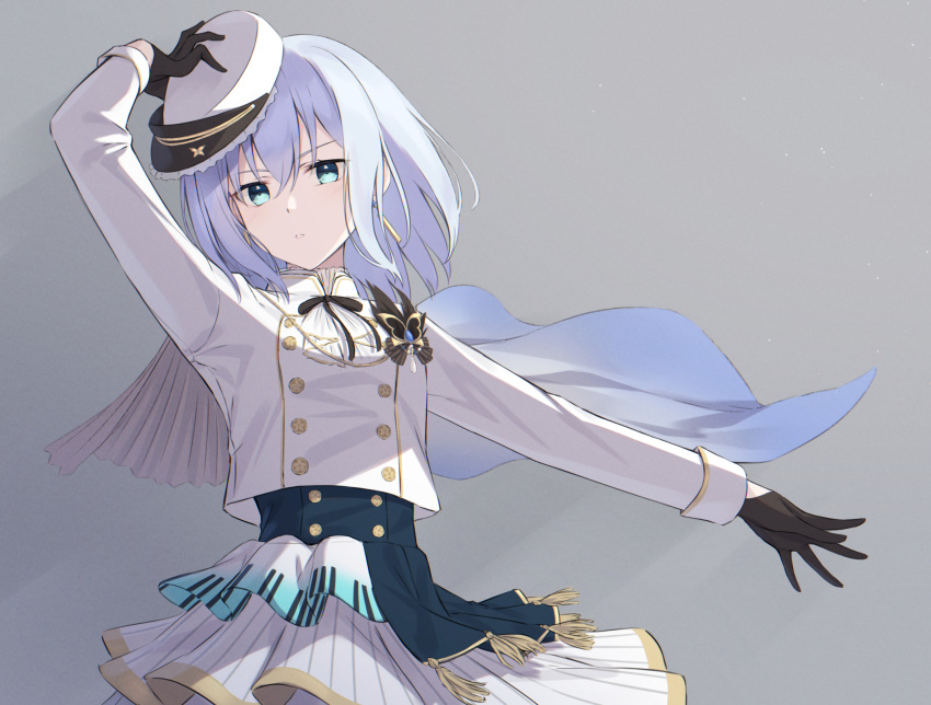 1girl aqua_eyes arm_up bang_dream! bangs black_gloves black_ribbon blue_capelet buttons capelet commentary cowboy_shot earrings eyebrows_visible_through_hair floating_cape frilled_hat frilled_shirt_collar frills gloves gradient gradient_background grey_background hair_between_eyes hand_on_headwear hand_up hat highres jacket jewelry kurata_mashiro layered_skirt light_particles long_sleeves looking_at_viewer medium_hair neck_ribbon nuenue outstretched_arm parted_lips peaked_cap ribbon silver_hair skirt solo standing tassel tilted_headwear v-shaped_eyebrows white_capelet white_headwear white_jacket white_skirt