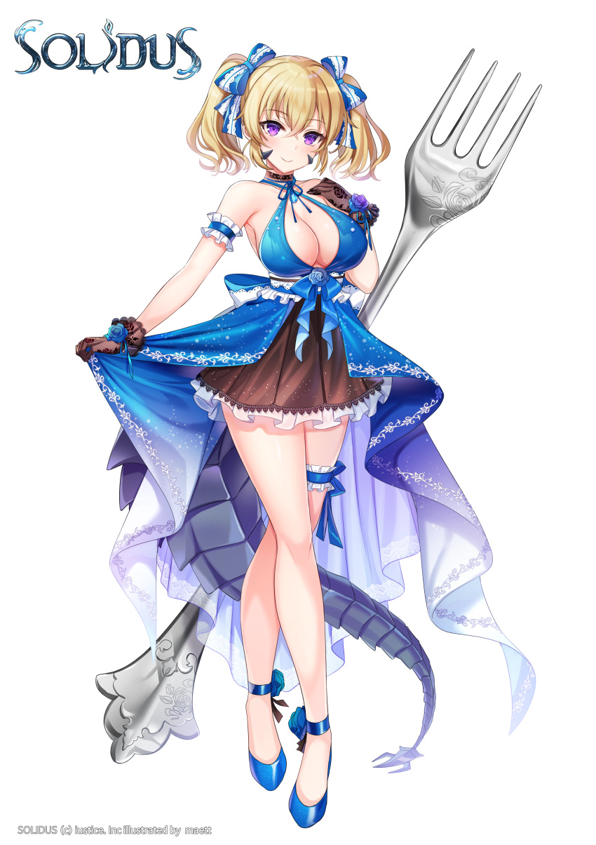 1girl absurdres bangs bare_shoulders black_gloves blonde_hair blue_dress blush breasts closed_mouth clothes_lift criss-cross_halter dress dress_lift fork full_body gloves hair_between_eyes halterneck highres lace lace_gloves looking_at_viewer maett medium_breasts official_art simple_background smile solidus solo tail thigh_strap twintails violet_eyes