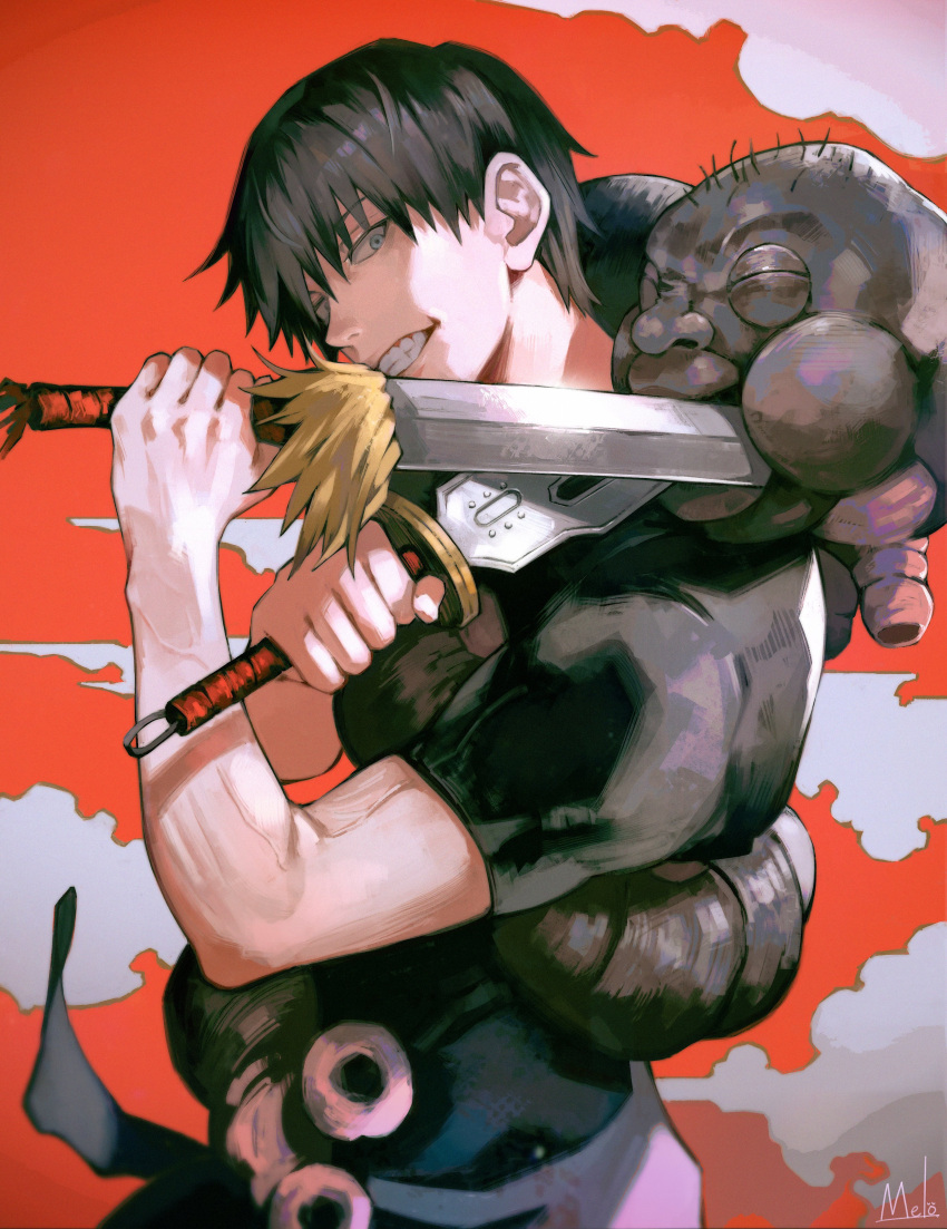 1boy absurdres bangs black_hair black_shirt blue_eyes chinese_commentary clenched_teeth commentary_request copyright_request eyebrows_behind_hair glint hands_up highres holding holding_sword holding_weapon kyuuba_melo looking_at_viewer male_focus muscular muscular_male nose parted_lips red_background shirt short_hair signature solo standing sword teeth upper_body weapon