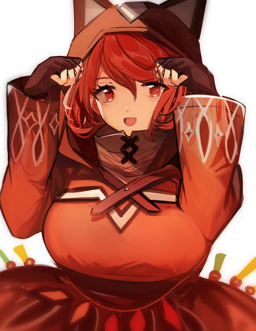 1girl :d absurdres animal_ears animal_hood bangs breasts brown_hood cat_ears disguised_pyra_(xenoblade) earrings fingerless_gloves gloves highres hood hoodie jewelry large_breasts looking_at_viewer pyra_(xenoblade) red_eyes redhead short_hair simple_background smile solo swept_bangs tarbo_(exxxpiation) xenoblade_chronicles_(series) xenoblade_chronicles_2