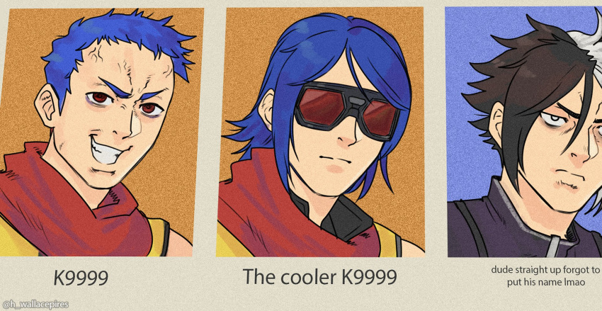 3boys blue_hair brown_hair closed_mouth dual_persona grey_eyes grin highres k9999 krohnen long_hair looking_at_viewer meme multicolored_hair multiple_boys nameless_(kof) red_eyes red_goggles red_scarf scarf short_hair simple_background sleeveless smile the_cooler_daniel_(meme) the_king_of_fighters the_king_of_fighters_xv twitter_username upper_body veins wallace_pires white_hair