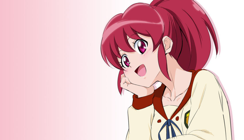 1girl aino_megumi collarbone fuchi_(nightmare) gradient gradient_background happinesscharge_precure! high_ponytail long_hair long_sleeves looking_at_viewer open_mouth pikarigaoka_middle_school_uniform pink_background pink_eyes pink_hair precure school_uniform smile solo upper_body wide_ponytail