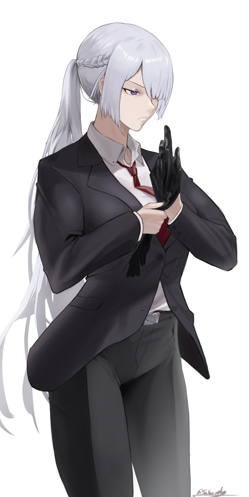 1girl absurdres ak-15_(girls'_frontline) artist_name bangs belt black_belt black_gloves black_jacket black_pants black_suit blazer braid closed_mouth collared_shirt cowboy_shot dress_shirt eyebrows_visible_through_hair feet_out_of_frame french_braid girls_frontline gloves hair_between_eyes hair_over_one_eye high-waist_pants highres jacket long_hair looking_away necktie official_alternate_costume pants parted_bangs ponytail putting_on_gloves red_necktie saturndxy shirt shirt_tucked_in side_braid silver_hair sleeves_folded_up solo standing veins violet_eyes white_background white_shirt