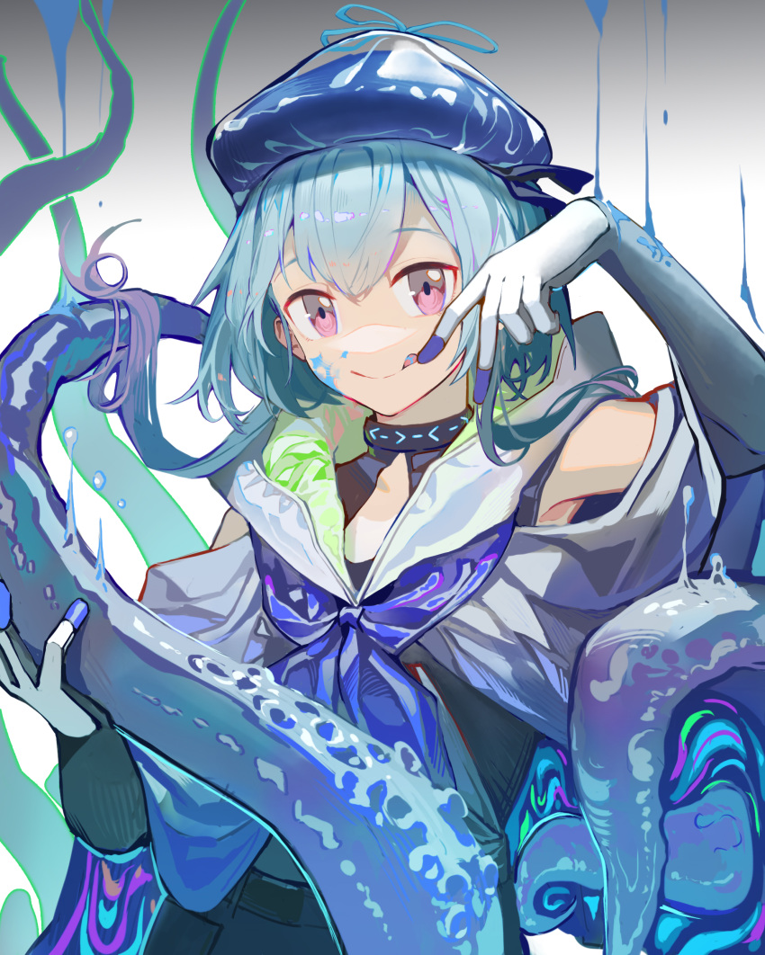 1boy :q absurdres arknights bangs bare_shoulders blue_hair blue_headwear blue_neckerchief clay_(clayjun) elbow_gloves gloves highres infection_monitor_(arknights) looking_at_viewer male_focus mizuki_(arknights) neckerchief otoko_no_ko pink_eyes short_hair smile solo tentacles tongue tongue_out upper_body white_gloves