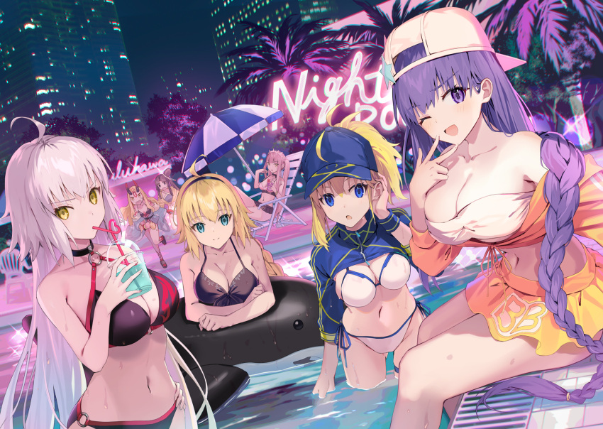 6+girls ahoge artoria_pendragon_(fate) baseball_cap bb_(fate) bb_(swimsuit_mooncancer)_(fate) bikini braid breasts building chair cup disposable_cup drinking_straw fate/grand_order fate_(series) hairband hat highres horns ibaraki_douji_(fate) ibaraki_douji_(swimsuit_lancer)_(fate) inflatable_orca inflatable_toy jeanne_d'arc_(alter_swimsuit_berserker)_(fate) jeanne_d'arc_(fate) jeanne_d'arc_(swimsuit_archer)_(fate) large_breasts long_hair lounge_chair medb_(fate) medb_(swimsuit_saber)_(fate) motto_(night_wear) multiple_girls mysterious_heroine_xx_(fate) neon_lights night one_eye_closed palm_tree parasol ponytail pool revision skyscraper smile swimsuit tree umbrella ushiwakamaru_(fate) ushiwakamaru_(swimsuit_assassin)_(fate) wet