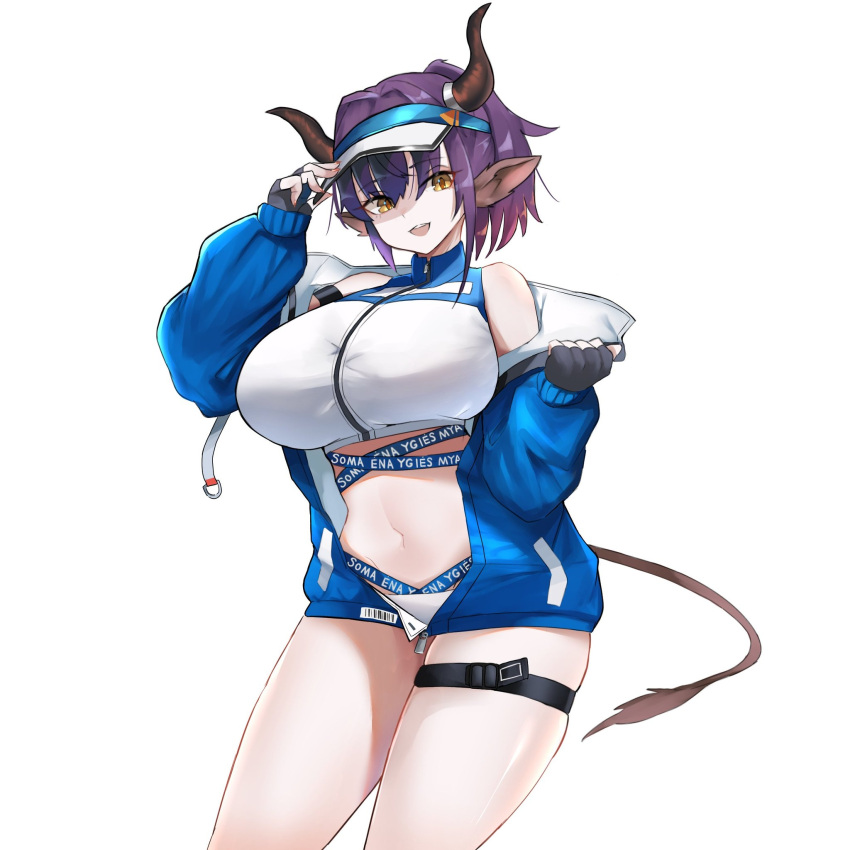 1girl :d adjusting_clothes adjusting_headwear animal_ears arknights bikini black_jacket blue_jacket breasts cow_ears cow_girl cow_horns cow_tail cowboy_shot fingerless_gloves gloves highres horns huge_breasts jacket looking_at_viewer navel off_shoulder official_alternate_costume open_clothes open_jacket open_mouth purple_hair short_hair sideroca_(arknights) sideroca_(light_breeze)_(arknights) simple_background smile solo swimsuit tail teeth thigh_strap unknownnoname0 upper_teeth white_background white_bikini yellow_eyes