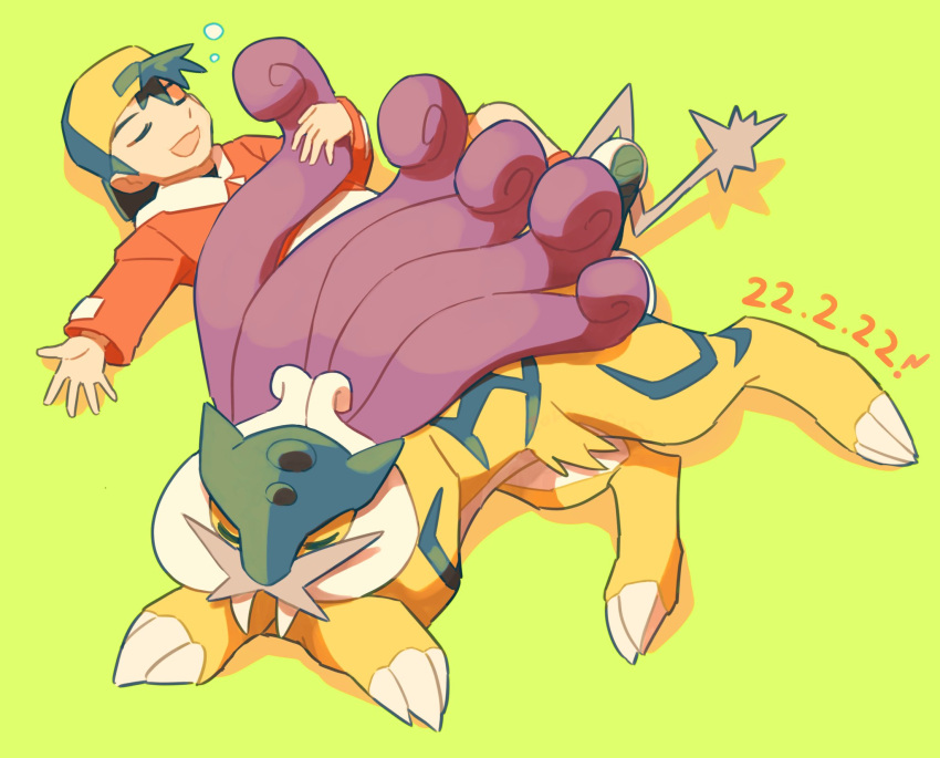 1boy :d backwards_hat bangs baseball_cap bubble closed_eyes commentary_request dated ethan_(pokemon) green_background hat highres jacket long_sleeves lying male_focus on_back open_mouth orange_jacket pokemon pokemon_(creature) pokemon_(game) pokemon_gsc raikou sleeping smile torinoko_(miiko_draw)