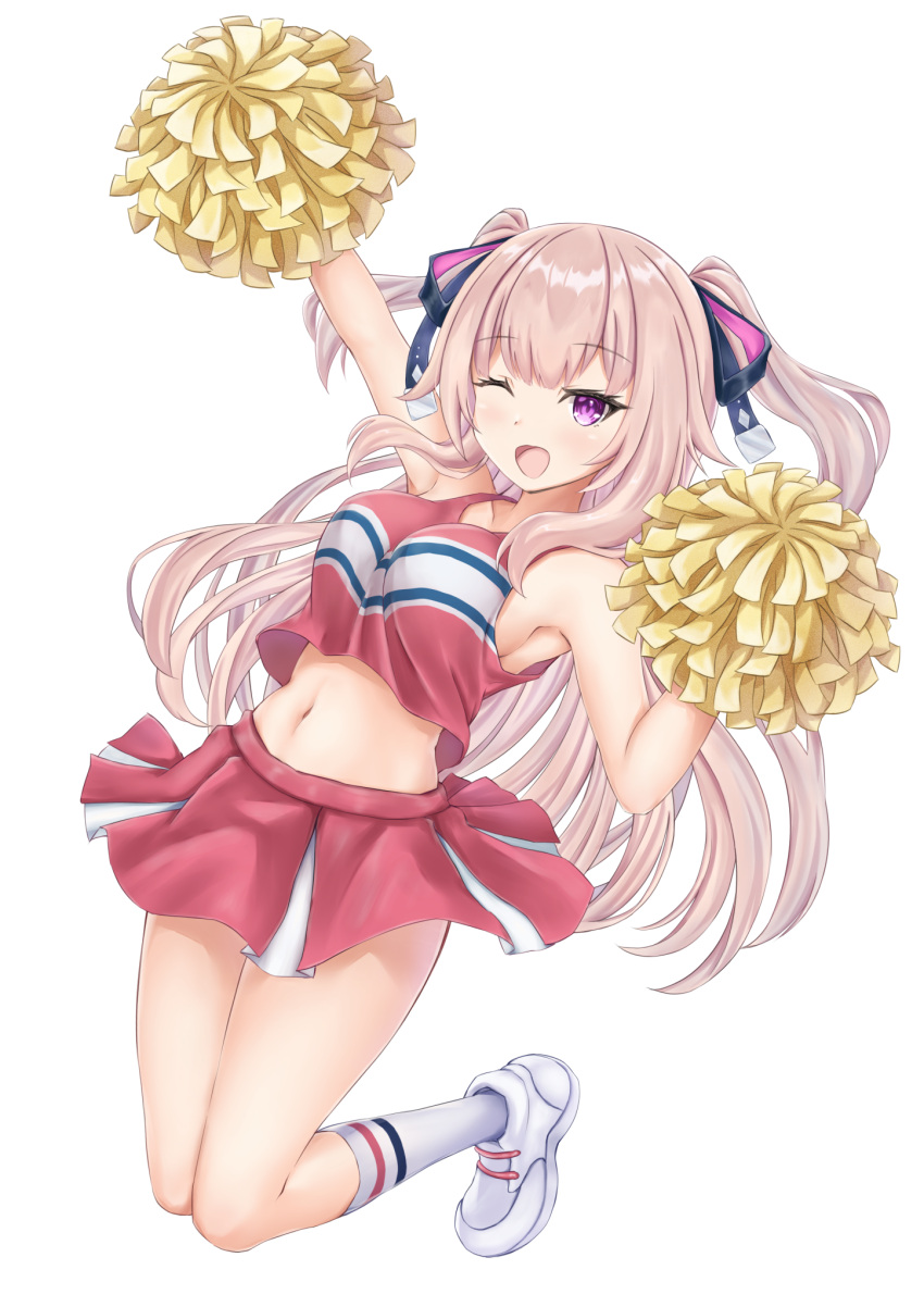 1girl alien arm_up armpits breasts cheerleader commission crop_top crop_top_overhang hair_ribbon highres holding holding_pom_poms hoshifuri_iku large_breasts long_hair matsu520 midriff miniskirt navel one_eye_closed open_mouth pink_hair pleated_skirt pom_pom_(cheerleading) prism_project ribbon shirt shoes skeb_commission skirt sleeveless sleeveless_shirt sneakers socks solo two_side_up violet_eyes virtual_youtuber