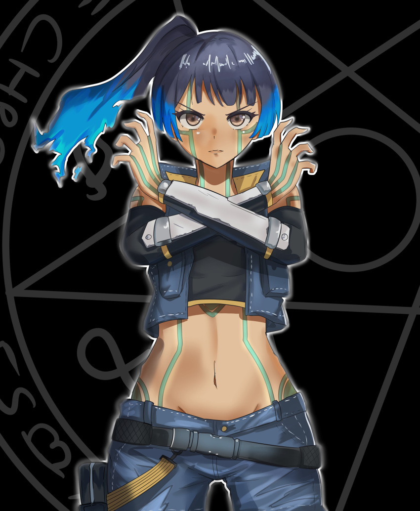 1girl absurdres black_hair blue_shorts breasts chest_jewel cosplay crossover fiery_hair full-body_tattoo glowing_lines hair_ornament hairclip hammer highres hitoshura hitoshura_(cosplay) leggings looking_at_viewer multicolored_hair navel sena_(xenoblade) shin_megami_tensei shin_megami_tensei_iii:_nocturne shorts shoulder_strap simple_background small_breasts solo sports_bra tan tank_top tattoo xenoblade_chronicles_(series) xenoblade_chronicles_3 zipperqr