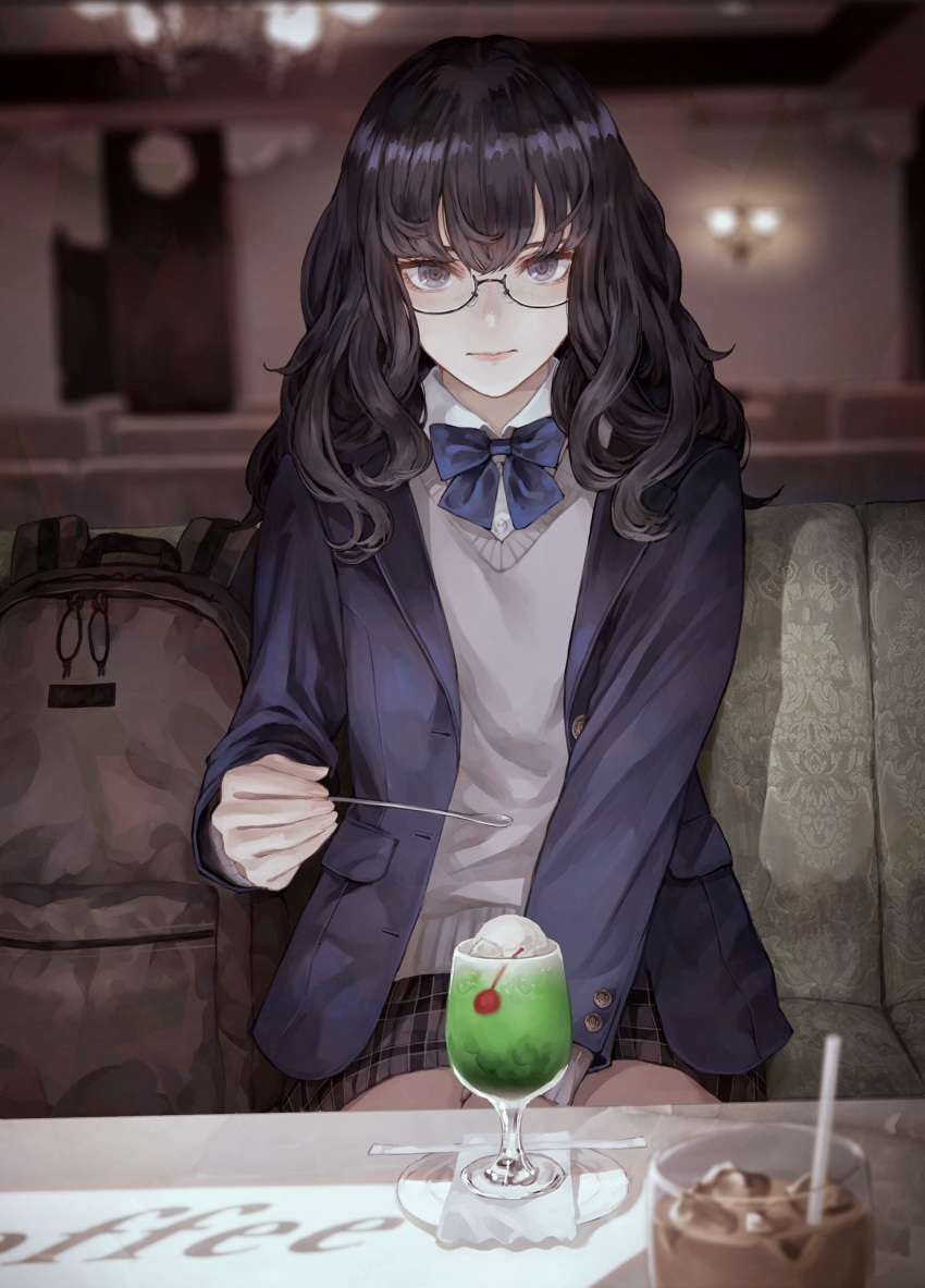 1girl backpack bag bangs black_hair blue_bow bow bowtie cafe cherry closed_mouth commentary_request food fruit glasses highres holding holding_spoon indoors jacket kaoming kurokawa_tamaki long_hair looking_at_viewer original plaid plaid_skirt pleated_skirt school_uniform shirt sitting skirt solo spoon