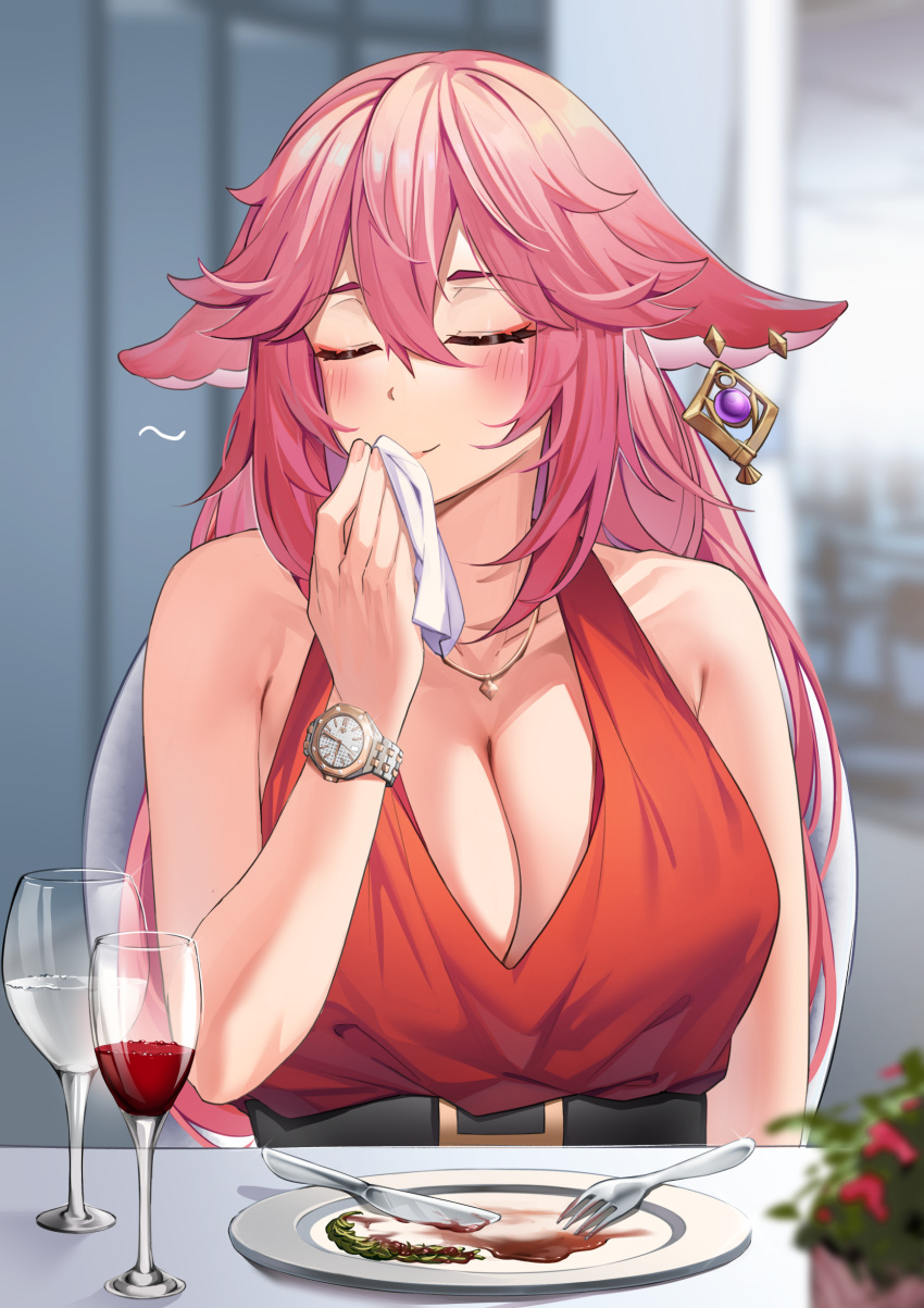 1girl absurdres animal_ears bare_shoulders blush chair champagne_flute closed_eyes cup dating dress drinking_glass esencey fork fox_ears fox_girl genshin_impact hair_between_eyes hair_ornament handkerchief highres jewelry knife long_hair necklace pink_hair plate red_dress sleeveless sleeveless_dress smile table upper_body violet_eyes watch yae_miko