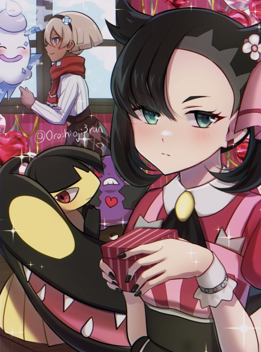 0roshioji3ran 2girls asymmetrical_bangs bangs bea_(pokemon) black_hair black_nails blonde_hair blush box brown_skirt closed_mouth collared_dress commentary dress earrings eyelashes gift gift_box green_eyes hair_ribbon hairband highres holding holding_box jewelry marnie_(pokemon) mawile medium_hair morpeko morpeko_(hangry) multiple_girls nail_polish official_alternate_costume pink_ribbon pokemon pokemon_(creature) pokemon_(game) pokemon_masters_ex red_scarf ribbon scarf short_hair short_sleeves skirt smile sparkle split_mouth sweater twitter_username valentine vanilluxe white_sweater wrist_cuffs